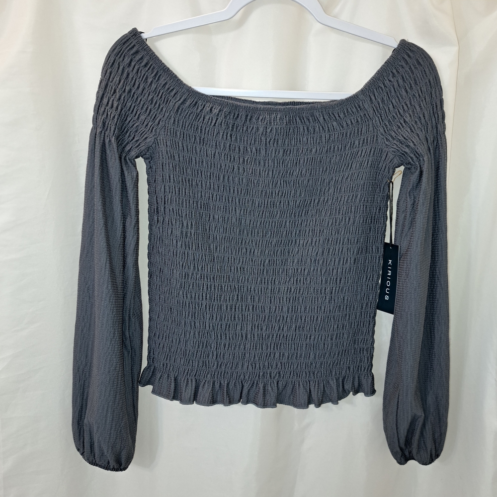 NWT Kirous Sz M Gray Smocked Long Sleeve Off The Shoulder Smocked Top